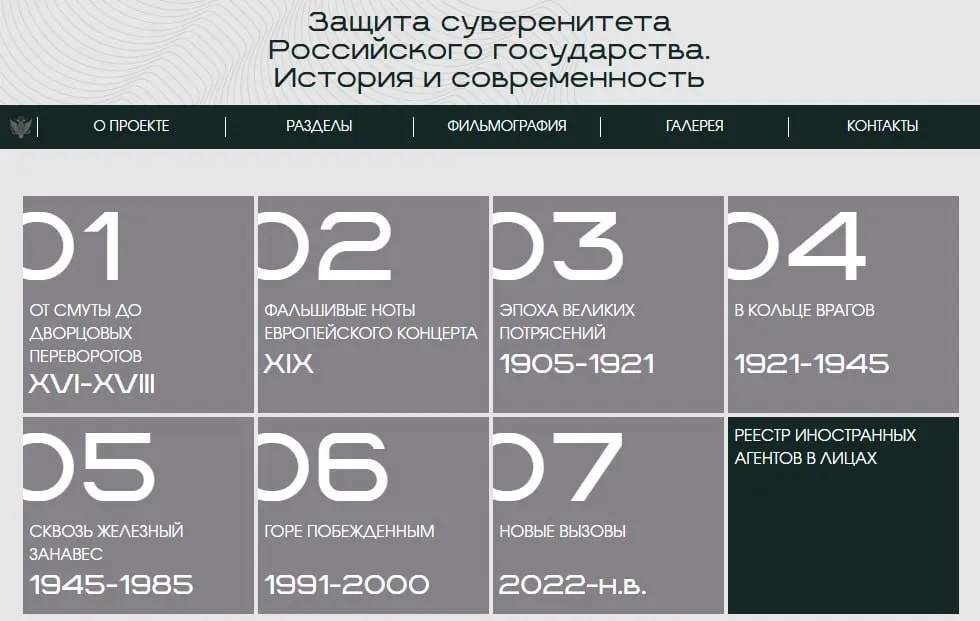 На новом сайте выставка охватывает восемь исторических периодов — от XVI века до наших дней. В финале — карточки с людьми и организациями, которых Минюст признал иностранными агентами.