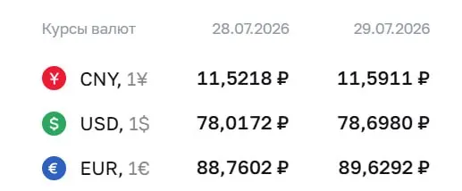 Официальный курс на 29 июля: доллар — 78,7 ₽, евро — 89,63 ₽, юань — 11,59 ₽. Для доллара это максимум с 8 апреля.