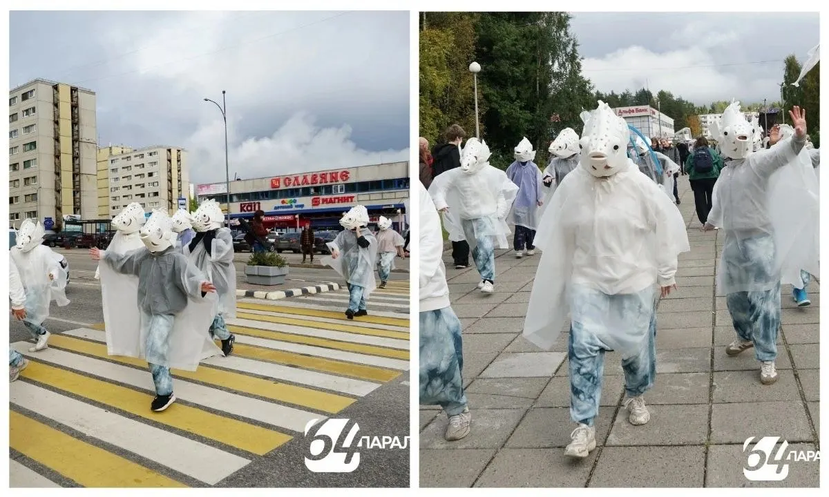На улицах Костомукши развернулось необычное уличное представление: артисты в костюмах рыб двигались по маршруту от кинотеатра до центральной площади, а горожане участвовали в мастер-классах и снимали кадры.