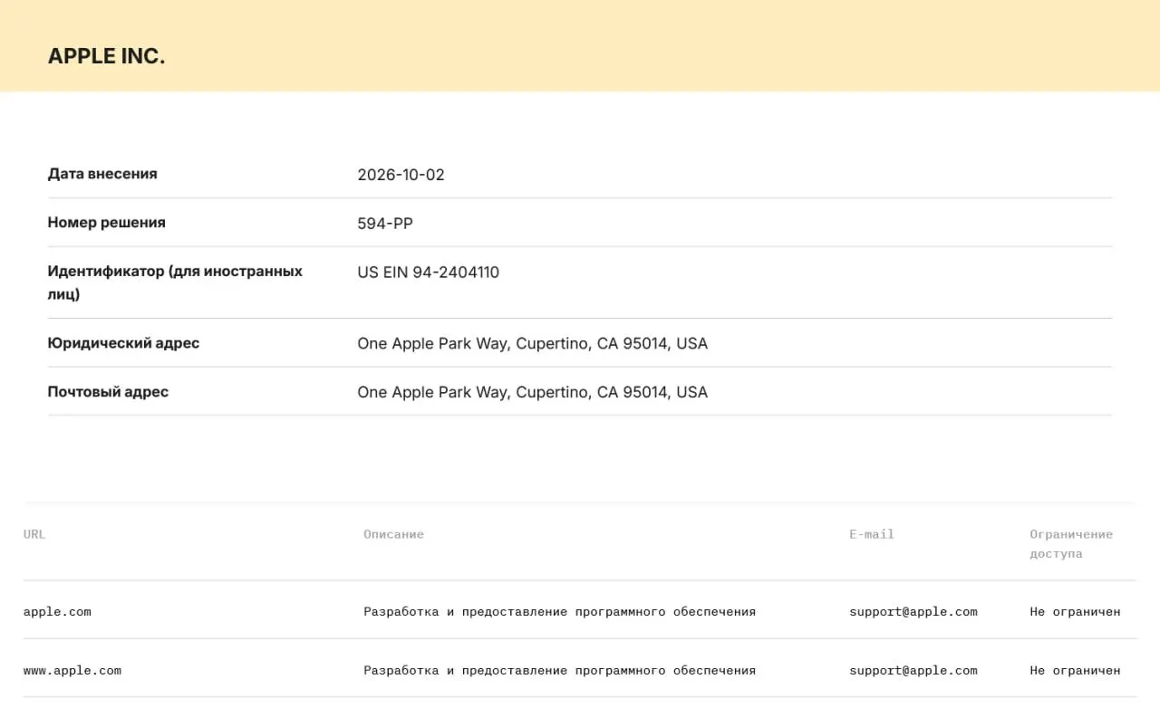 Роскомнадзор внёс Apple и Microsoft в реестр организаторов распространения информации; теперь компании обязаны хранить данные пользователей на российских серверах и передавать их по запросу силовых структур.